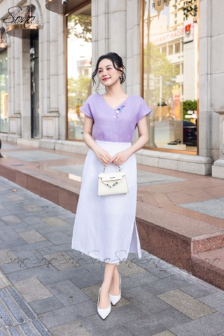 SONO - Áo linen tay dơi cổ tim thêu