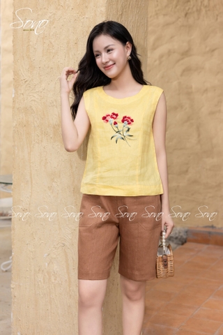 SONO - Áo linen sát nách thêu hoa cẩm chướng