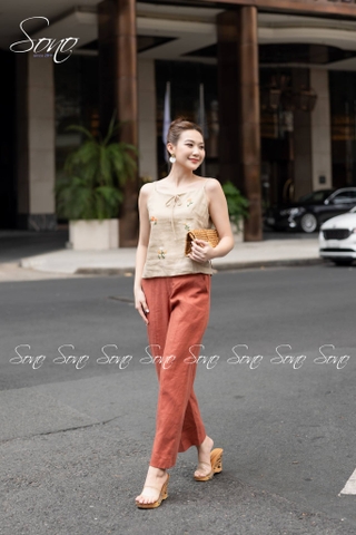 SONO - Áo linen 2 dây thắt nơ thêu hoa