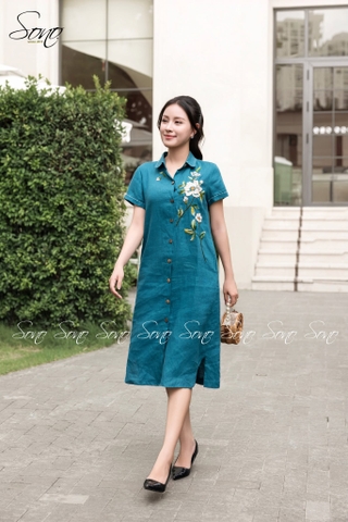 SONO - Đầm sơ mi tay ngắn linen thêu hoa