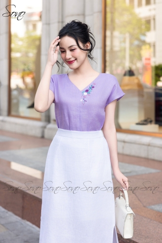 SONO - Áo linen tay dơi cổ tim thêu