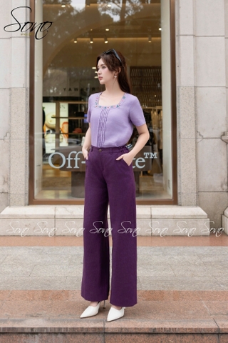 SONO - Áo linen cổ vuông thêu viền cổ