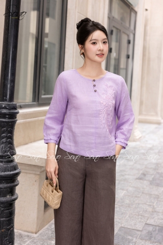 SONO - Áo linen tay dài thêu thiên nga