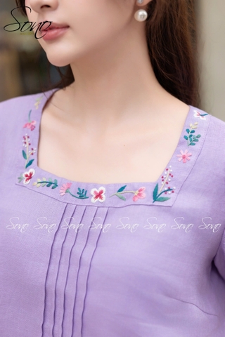 SONO - Áo linen cổ vuông thêu viền cổ