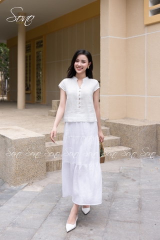SONO - Áo linen cổ tàu đính nút gỗ