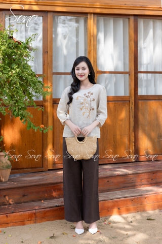 SONO - Áo linen tay lỡ thêu cành lá nâu
