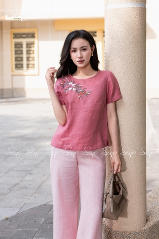 SONO - Áo linen cổ tròn thêu chùm hoa ngâu