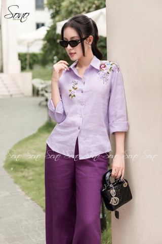 SONO - Áo sơ mi dài tay linen thêu hoa vai