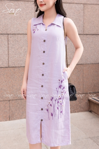 SONO - Đầm linen sơ mi sát nách thêu