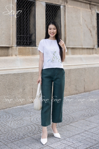 SONO - Áo linen viền ren cổ thêu cây cỏ