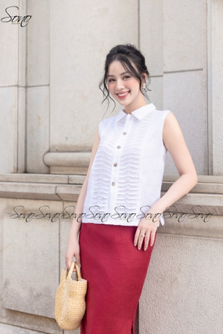 SONO - Áo sơ mi linen sát nách chạy gân