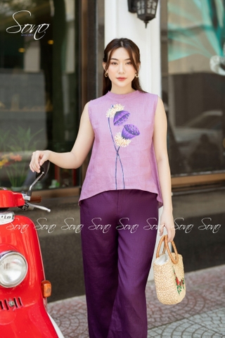 SONO - Áo linen sát nách vẽ búp sen