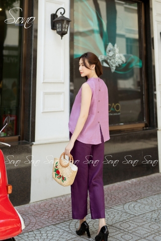 SONO - Áo linen sát nách vẽ búp sen