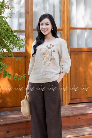 SONO - Áo linen tay lỡ thêu cành lá nâu