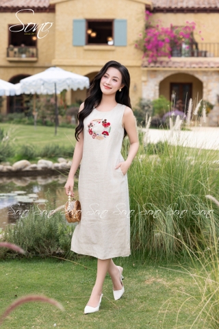 SONO - Đầm linen sát nách thêu vòng nguyệt quế