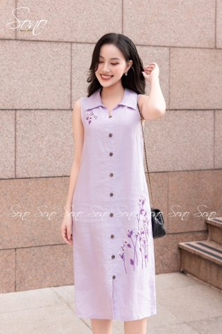SONO - Đầm linen sơ mi sát nách thêu