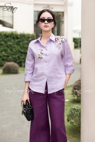 SONO - Áo sơ mi dài tay linen thêu hoa vai