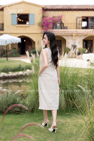 SONO - Đầm linen sát nách thêu vòng nguyệt quế