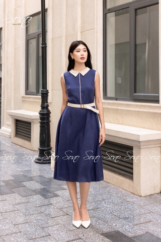 SONO - Đầm sơ mi sát nách linen viền màu