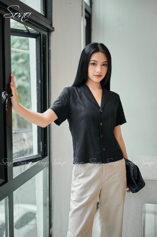 SONO - Áo linen cổ vest tay ngắn