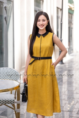 SONO - Đầm sơ mi sát nách linen viền màu