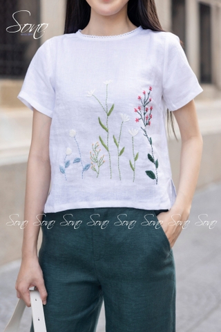 SONO - Áo linen viền ren cổ thêu cây cỏ