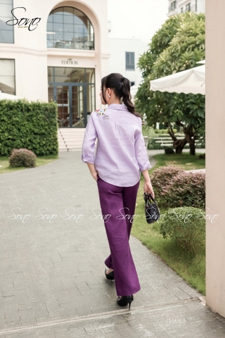 SONO - Áo sơ mi dài tay linen thêu hoa vai