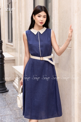 SONO - Đầm sơ mi sát nách linen viền màu
