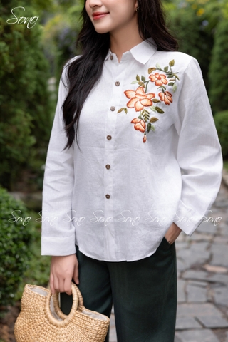 SONO - Áo sơ mi linen thêu hoa bên ngực