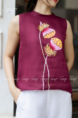 SONO - Áo linen sát nách vẽ búp sen