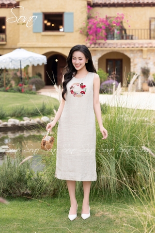 SONO - Đầm linen sát nách thêu vòng nguyệt quế