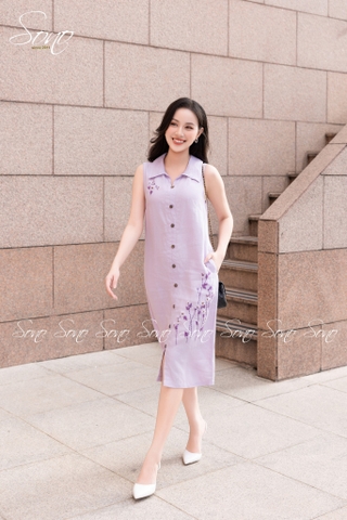 SONO - Đầm linen sơ mi sát nách thêu