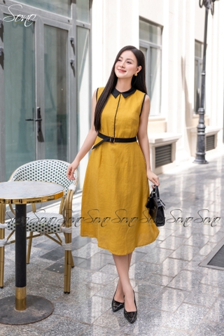 SONO - Đầm sơ mi sát nách linen viền màu