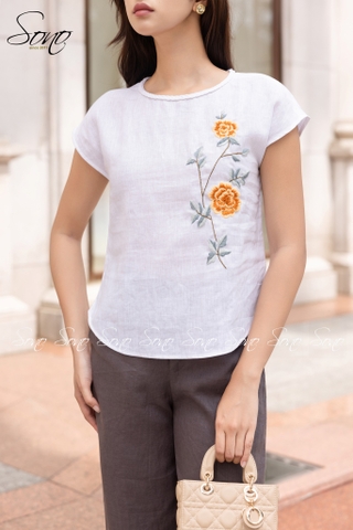 SONO - Áo linen cổ đan thêu hoa