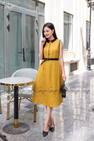 SONO - Đầm sơ mi sát nách linen viền màu