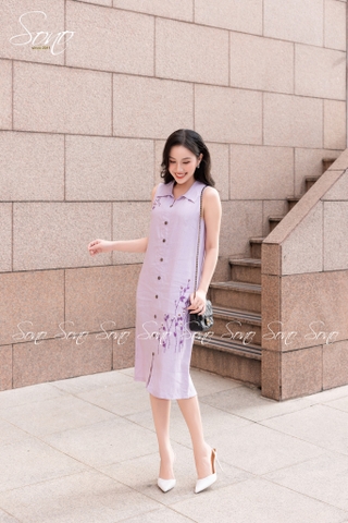 SONO - Đầm linen sơ mi sát nách thêu