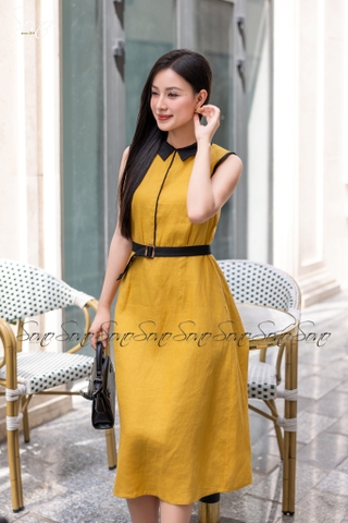 SONO - Đầm sơ mi sát nách linen viền màu
