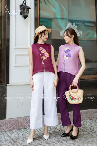 SONO - Áo linen sát nách vẽ búp sen