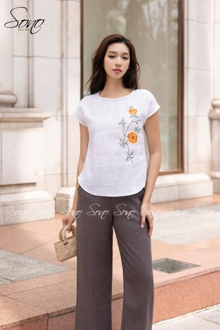 SONO - Áo linen cổ đan thêu hoa