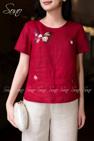 SONO - Áo linen thêu cánh bướm