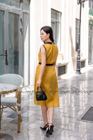 SONO - Đầm sơ mi sát nách linen viền màu