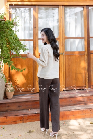 SONO - Áo linen tay lỡ thêu cành lá nâu
