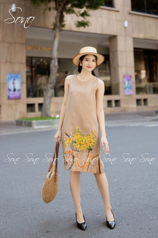 SONO - Đầm linen vẽ giỏ hoa xe đạp