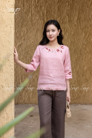 SONO - Áo linen tay lỡ thêu quanh cổ và tay