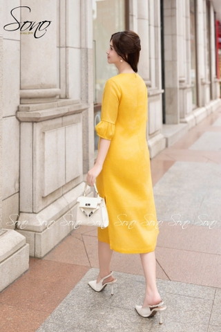 SONO - Đầm linen cổ tim tay lồng đèn thêu chuồn chuồn