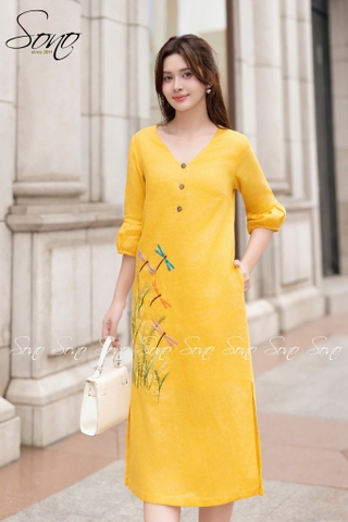 SONO - Đầm linen cổ tim tay lồng đèn thêu chuồn chuồn