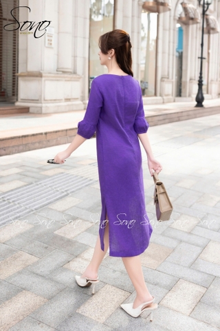 SONO - Đầm linen cổ tim tay lồng đèn thêu chuồn chuồn