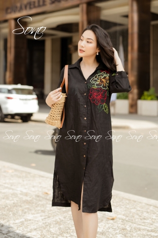 SONO - Đầm linen sơ mi thêu hoa vai