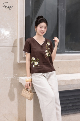 SONO - Áo linen cổ tim viền ren thêu hoa đặc