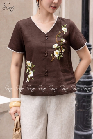 SONO - Áo linen cổ tim viền ren thêu hoa đặc